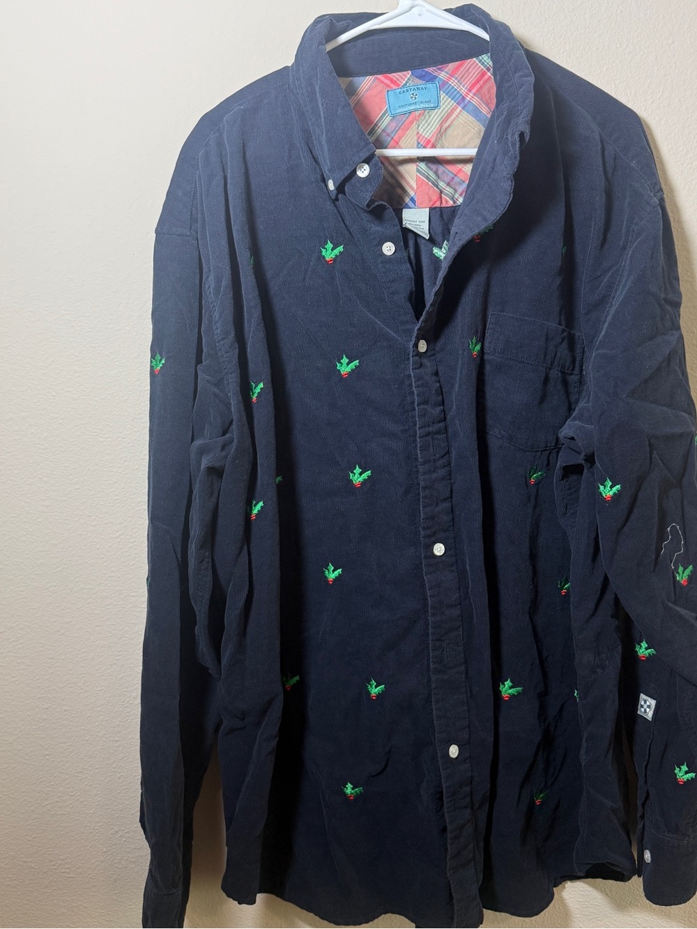 Castaway Navy Button-Down Shirt with Green Embroidery